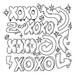Poster - Single line doodle set with word XOXO in retro 90s style. Clipart of hand drawn words, arrows, kisses. Black contour sketchy signs and words in bubble, street style graffiti. Perfect for social media