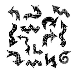 Poster - Different grunge hand drawn textured arrows set. Black signs with white scribbles, hearts, circles, crossed lines on white background. Collection of vector hand drawn pointer signs.