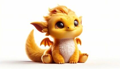 Cute yellow baby dragon. Cartoon fluffy gold dragon character. Funny Fantasy monster with wings and big eyes. Fairy-tale hero. Children book. Illustration of tales. Toy design. Print. Copy space