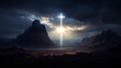 © Faith Stock - Mountains desert landscape with a bright cross in the sky.