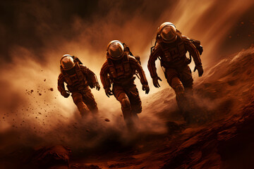 Wall Mural - adventure of three spacemen or astronauts on mars.