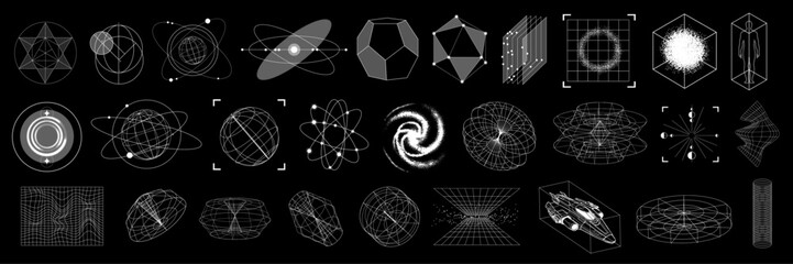 3D cyberpunk grid y2k shape set, vector wireframe warp retro futuristic geometric icon collection. Vintage science mathematic perspective frame, techno blueprint space object kit. Futuristic wireframe
