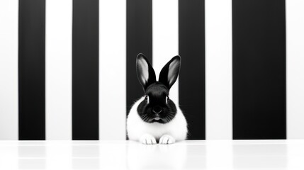 Wall Mural -  a black and white photo of a rabbit sitting in front of a black and white striped wall with a black and white stripe pattern on the wall in the background.