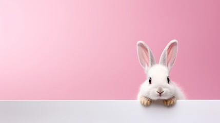 Canvas Print -  a white bunny rabbit peeking over a blank sign on a pink and white background with copy - space in the middle of the frame, with a pink wall in the background.