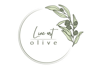 Botanical line illustration of olive leaves, branch wreath for wedding invitation and cards, logo design, web, social media and posters template. Elegant minimal style floral vector isolated.	
