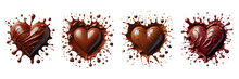 Set Of Flat Lay Of Liquid Chocolate Heart With Drips And Splashes, Valentine's Day, Isolated Over On Transparent Background(3)