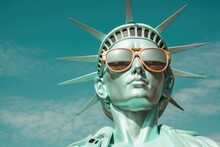 Statue Of Liberty Wearing Fancy Sunglasses Against A Blue Sky.