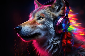 Creative portrait of a wolf in profile wearing DJ headphones, illuminated with neon lights.