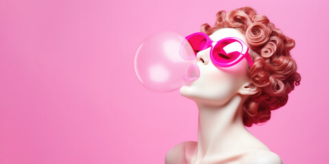 Wall Mural - Retro portrait of a woman in red sunglasses inflating a bubble gum on pink negative space.