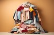 Concept of over-consumption. A pile of new clothes on a pastel beige background.