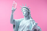 Fototapeta  - White sculpture of the statue of liberty with a champagne glass in hand on a pink background.