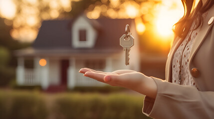 A key above a female palm on the background of a modern house, buying or renting a home