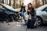 Fototapeta  - A female motorist has a car accident asking for roadside assistance or an insurance company standing on the road after a car accident.