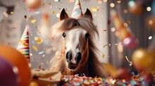 Happy Cute Animal Friendly Horse Wearing A Party Hat Celebrating At A Fancy Newyear Or Birthday Party Festive Celebration Greeting With Bokeh Light And Paper Shoot Confetti Surround Happy Lifestyle