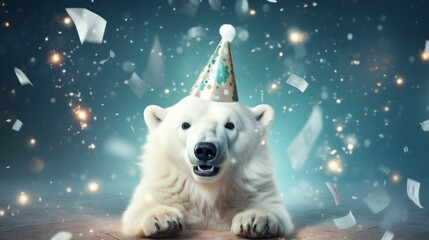 Wall Mural - Happy cute animal friendly pola bear wearing a party hat celebrating at a fancy newyear or birthday party festive celebration greeting with bokeh light and paper shoot confetti surround party