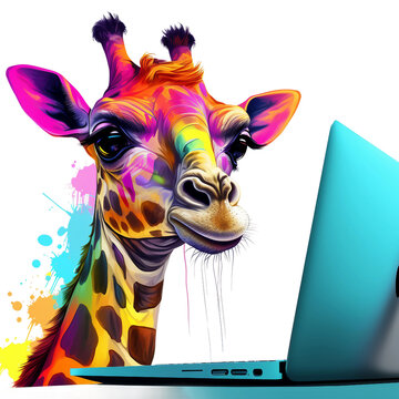 Watercolor giraffe, png, print, Giraffe designer at work on computer, sharp image, hyper-realistic, bright colourful saturated colours, style on a white background