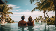 Couple Enjoying Beach Vacation Holidays At Tropical Resort With Swimming Pool And Coconut Palm Trees Near The Coast With Beautiful Landscape. 