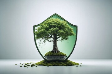 small green tree and shield on white background, symbolizing environmental protection, nature defend