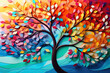 Elegant Colorful Tree with Vibrant Leaves Hanging Branches, Illustration Wall Art Background. Bright Color 3D Abstraction Wallpaper for Interior Mural Painting and Wall Art Decor