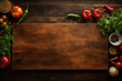 Food cooking background, ingredients for preparation vegan dishes, vegetables, roots, spices and herbs. Old cutting board. Healthy food concept. Rustic wooden table background, top view	

