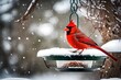 A vibrant Northern Cardinal perched on a bird feeder, its striking red plumage contrasting against the backdrop of a snowy winter day.