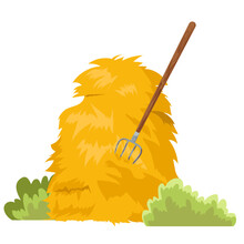 Pitchfork In Haystack With Bushes With White Background. Vector Illustration Of Hay For Animals, Cattle, Food, Farmers, Fodder, Business, Web And More