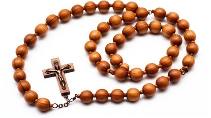 Wall Mural -  a wooden rosary with a crucifix in the middle of the rosary on a white background with a silver cross hanging from the end of the bead.