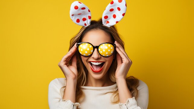 Happy woman with easter eggs and bunny ears, isolated on yellow background with copy space