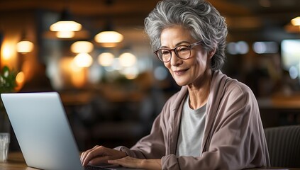 Wall Mural - Wise and Wired: Granny Woman in Glasses with Laptop in Café