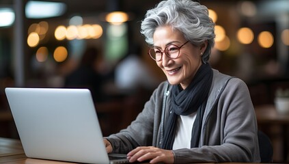 Wall Mural - Modern Senior: Elderly Woman Embraces Laptop in Café Scene