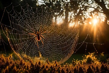 The intricate web of a golden silk orb-weaver spider, glistening with dewdrops in the early morning light, capturing the beauty of nature's delicate architecture.