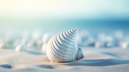 Wall Mural - A close up of a sea shell on the beach with sand, AI