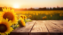 Empty Old Wooden Table With Beautiful Sunset Over Sunflowers Field Background, Template, Mock Up 