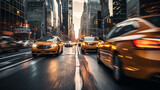 Fototapeta  - Cars in movement with motion blur. A crowded street scene in downtown Manhattan