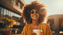 Happy Woman Drinking Coffee Holding A Cup In The Front Of Her Face, Bright Sunny Day