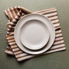 Top view on green background empty round white plate on tablecloth for food.