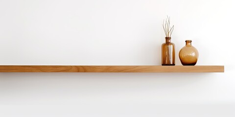 Poster - Isolated wooden shelf on white wall with space for product exhibition.