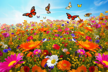  Flower meadow with butterfly in the sky. Nature blurred background, selective focus.