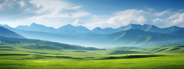 beautiful nature landscape of green grass field with mountain behind, generative ai