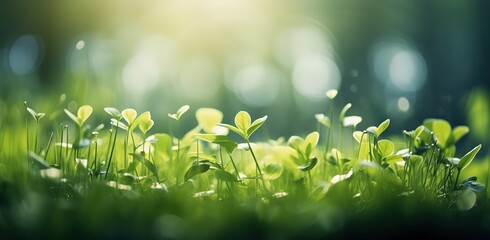 abstract green nature background, soft focused of green grass with bokeh light, Generative Ai