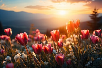 Aufkleber - Vibrant flowers sway gracefully in a field as the sun sets in the background, casting a warm glow over the scene