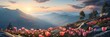 Majestic mountains rise above a field of vibrant pink flowers in this serene painting, creating a peaceful and picturesque scene