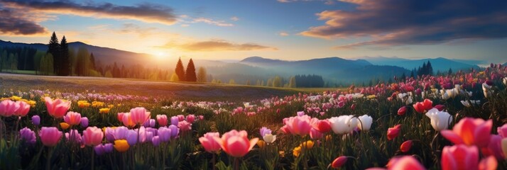 Wall Mural - A field of colorful flowers stretches into the distance beneath a breathtaking sunset, casting a warm golden glow over the petals and leaves