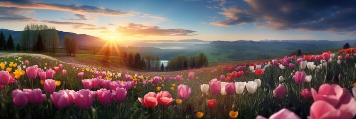 Aufkleber - A mesmerizing field of colorful flowers basking in the warm glow of the setting sun, creating a picturesque and serene scene