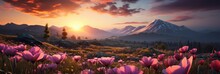 Beautiful Tulip Flowers And Panoramic Landscape With A Serene Sunrise