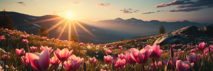 Wall Mural - A field filled with vibrant pink flowers basks in the warm glow of the setting sun