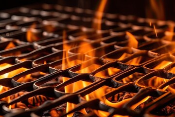 Poster - Flames Over Grill Grate. Close up of orange flames licking a black grill grate.