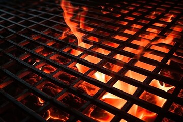 Poster - A close up of a grill ablaze with dancing flames, illuminating the metal grates and casting flickering shadows