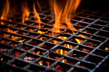 Poster - Flames Over Grill Grate. Close-up of orange flames licking a black grill grate.