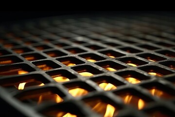 Poster - A close-up view of a grill grate with intense flames dancing around, ready to sear and cook the food placed on it